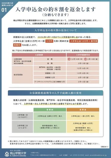 大学受験2026】桃山学院大、入学申込金の約8割返金・分納制度新設(リセマム)